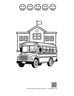Thumbnail: School Bus Arriving at a Large Elementary School Building Printable and 5 Happy Face Outline