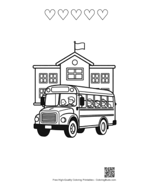 Thumbnail: School Bus Arriving at a Large Elementary School Building Printable and 5 Heart Outline