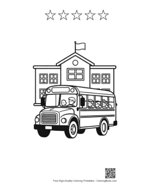 Thumbnail: School Bus Arriving at a Large Elementary School Building Printable and 5 Star Outline