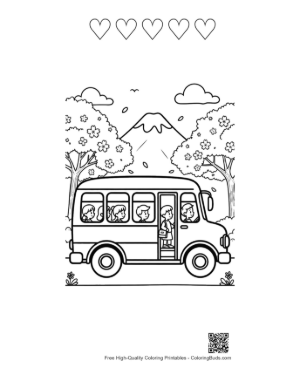 Thumbnail: School Bus Journey with Large Mountains in the Background Printable and 5 Heart Outline
