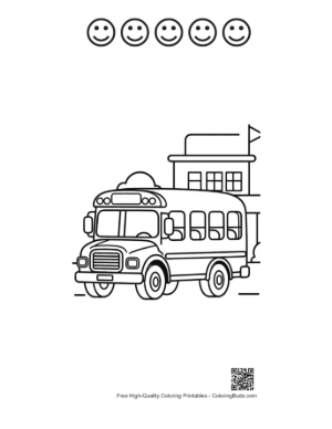 Thumbnail: School Bus Parked in Front of a Small School Building Printable and 5 Happy Face Outline