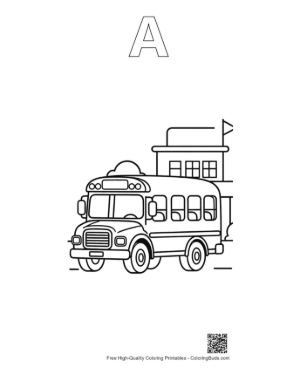 Thumbnail: School Bus Parked in Front of a Small School Building Printable Outline Alphabet A