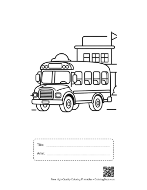Thumbnail: School Bus Parked in Front of a Small School Building Printable with Title and Artist Box