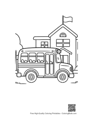 Thumbnail: Yellow Bus Driving Past a School with a Tall Flag Pole Printable