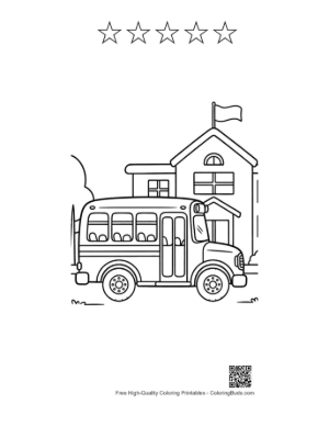 Thumbnail: Yellow Bus Driving Past a School with a Tall Flag Pole Printable and 5 Star Outline