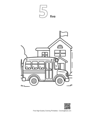 Thumbnail: Yellow Bus Driving Past a School with a Tall Flag Pole Printable Outline Number 5