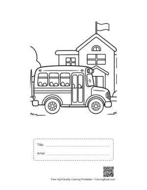 Thumbnail: Yellow Bus Driving Past a School with a Tall Flag Pole Printable with Title and Artist Box