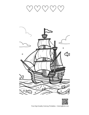 Thumbnail: Classic Pirate Galleon Sailing on Open Seas Printable and 5 Heart Outline