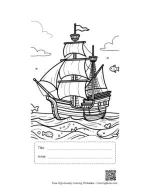 Thumbnail: Classic Pirate Galleon Sailing on Open Seas Printable with Title and Artist Box