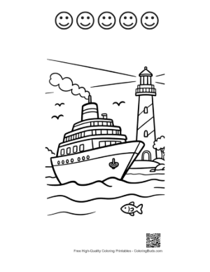 Thumbnail: Cruise Ship Passing Coastal Lighthouse at Sea Printable and 5 Happy Face Outline