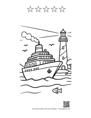 Thumbnail: Cruise Ship Passing Coastal Lighthouse at Sea Printable and 5 Star Outline