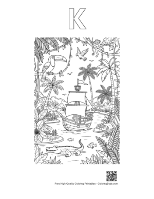 Thumbnail: Deep Jungle Discovery with a Hidden Pirate Boat Printable Outline Alphabet K