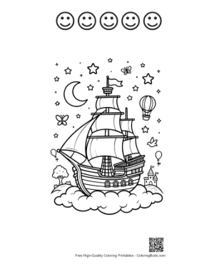 Thumbnail: Dreamy Pirate Vessel Sailing on Moonlit Clouds Printable and 5 Happy Face Outline