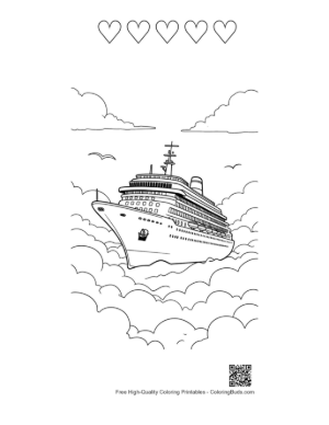 Thumbnail: Fantasy Sky Cruise Vessel in Fluffy Clouds Printable and 5 Heart Outline
