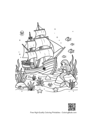 Thumbnail: Friendly Mermaid Greeting a Sea-Bound Pirate Ship Printable
