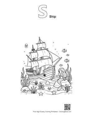 Thumbnail: Friendly Mermaid Greeting a Sea-Bound Pirate Ship Printable Outline Alphabet S Ship