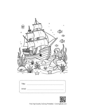 Thumbnail: Friendly Mermaid Greeting a Sea-Bound Pirate Ship Printable with Title and Artist Box