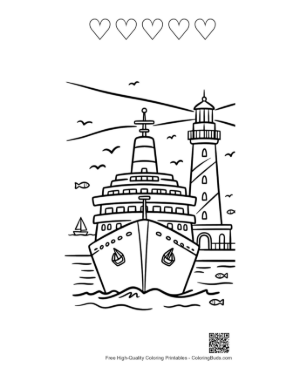Thumbnail: Front View of Ship Entering Lighthouse Bay Printable and 5 Heart Outline