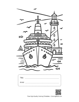 Thumbnail: Front View of Ship Entering Lighthouse Bay Printable with Title and Artist Box
