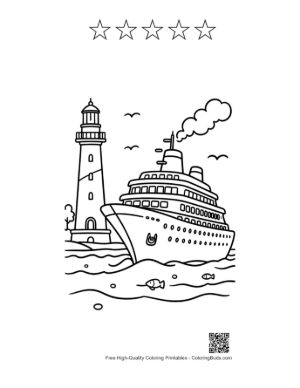 Thumbnail: Giant Cruise Ship Docking Near Safety Lighthouse Printable and 5 Star Outline