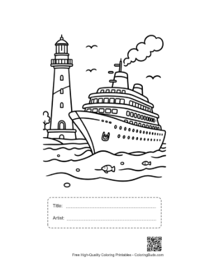 Thumbnail: Giant Cruise Ship Docking Near Safety Lighthouse Printable with Title and Artist Box