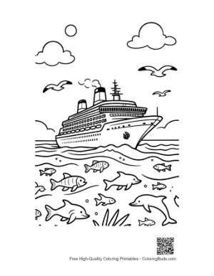 Thumbnail: Holiday Cruise Ship Surrounded by Sea Life Printable