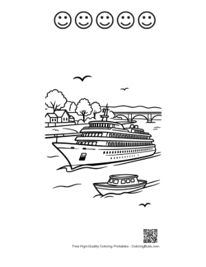 Thumbnail: Luxury Yacht and Cruise Ship in Calm Bay Printable and 5 Happy Face Outline