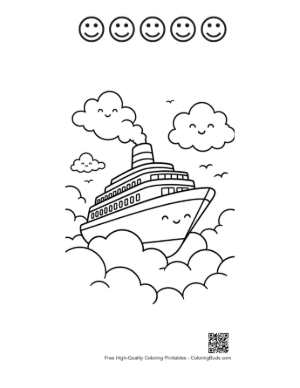 Thumbnail: Magical Cruise Ship Floating in Cloudy Sky Printable and 5 Happy Face Outline