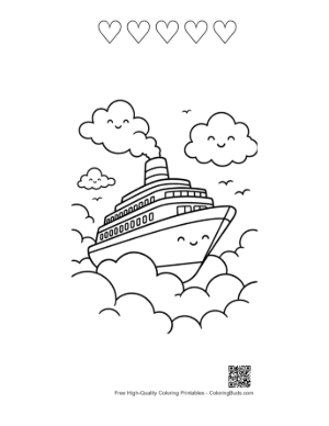 Thumbnail: Magical Cruise Ship Floating in Cloudy Sky Printable and 5 Heart Outline