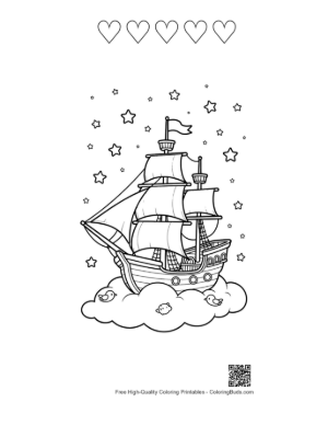 Thumbnail: Magical Pirate Ship Flying Through a Starry Night Printable and 5 Heart Outline