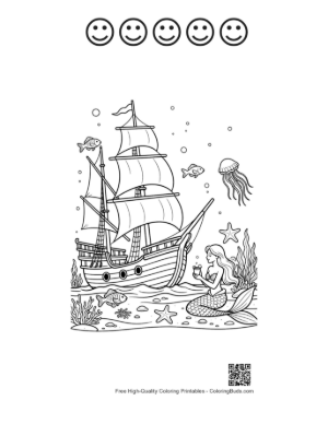 Thumbnail: Ocean Deep Exploration with Pirate Ship and Sea Life Printable and 5 Happy Face Outline
