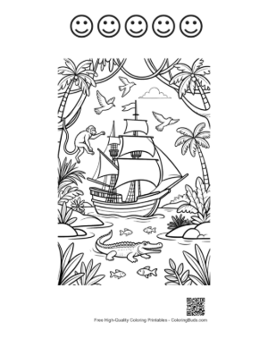 Thumbnail: Pirate Ship Adventure Through Wild Tropical Vines Printable and 5 Happy Face Outline