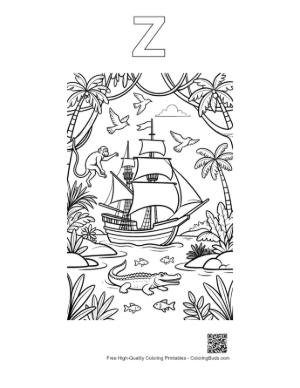 Thumbnail: Pirate Ship Adventure Through Wild Tropical Vines Printable Outline Alphabet Z