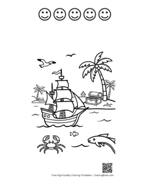 Thumbnail: Pirate Ship Anchored Near a Tropical Palm Island Printable and 5 Happy Face Outline