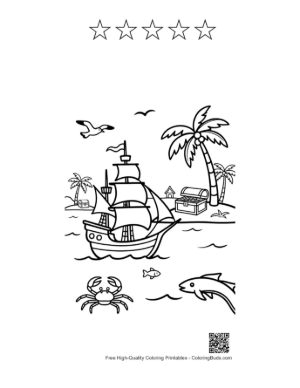 Thumbnail: Pirate Ship Anchored Near a Tropical Palm Island Printable and 5 Star Outline