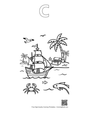 Thumbnail: Pirate Ship Anchored Near a Tropical Palm Island Printable Outline Alphabet C