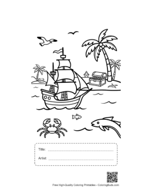 Thumbnail: Pirate Ship Anchored Near a Tropical Palm Island Printable with Title and Artist Box