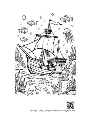 Thumbnail: Pirate Ship Sailing Through a Coral Reef Garden Printable