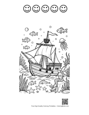 Thumbnail: Pirate Ship Sailing Through a Coral Reef Garden Printable and 5 Happy Face Outline