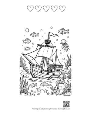 Thumbnail: Pirate Ship Sailing Through a Coral Reef Garden Printable and 5 Heart Outline