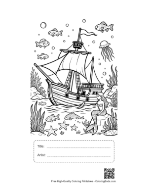 Thumbnail: Pirate Ship Sailing Through a Coral Reef Garden Printable with Title and Artist Box