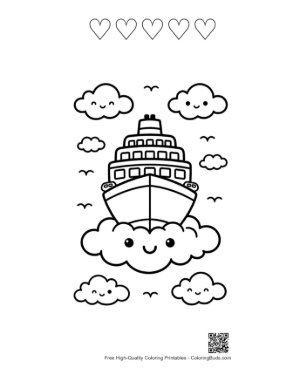 Thumbnail: Smiling Cartoon Cruise Ship in Cloud Heaven Printable and 5 Heart Outline