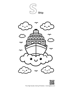 Thumbnail: Smiling Cartoon Cruise Ship in Cloud Heaven Printable Outline Alphabet S Ship