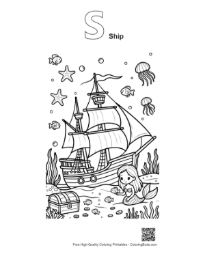 Thumbnail: Sunken Pirate Treasure Guarded by a Mermaid Printable Outline Alphabet S Ship