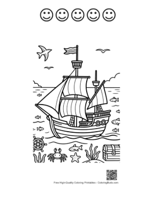 Thumbnail: Treasure Hunter Ship Near a Sandy Beach Cove Printable and 5 Happy Face Outline