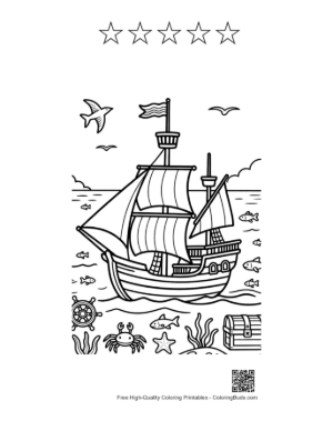 Thumbnail: Treasure Hunter Ship Near a Sandy Beach Cove Printable and 5 Star Outline