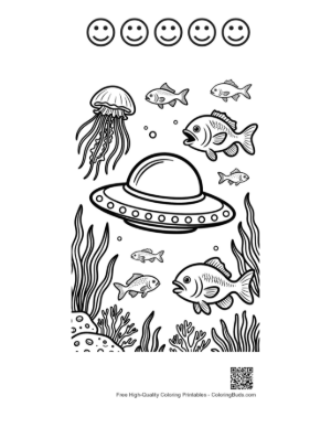 Thumbnail: Alien Craft Exploring the Sea Floor with Marine Animals Printable and 5 Happy Face Outline