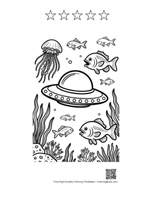 Thumbnail: Alien Craft Exploring the Sea Floor with Marine Animals Printable and 5 Star Outline
