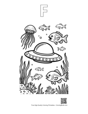 Thumbnail: Alien Craft Exploring the Sea Floor with Marine Animals Printable Outline Alphabet F