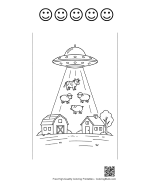Thumbnail: Alien UFO Craft Hovering Above Sheep in a Field Printable and 5 Happy Face Outline